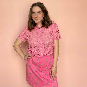 Kate Spade pink lace button up short sleeve blouse